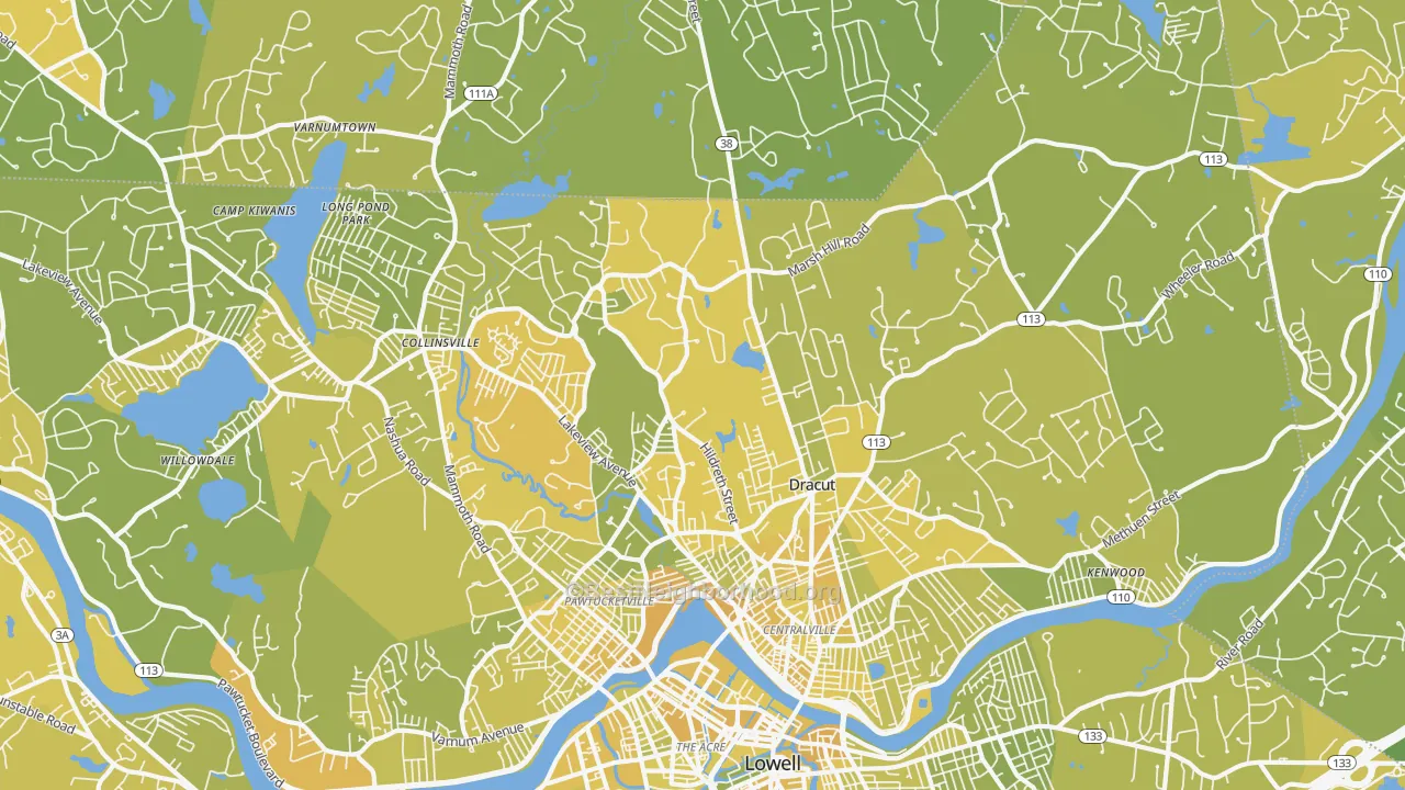 Map of the best neighborhoods in the 01826 area, with better matches in green and worse matches in red