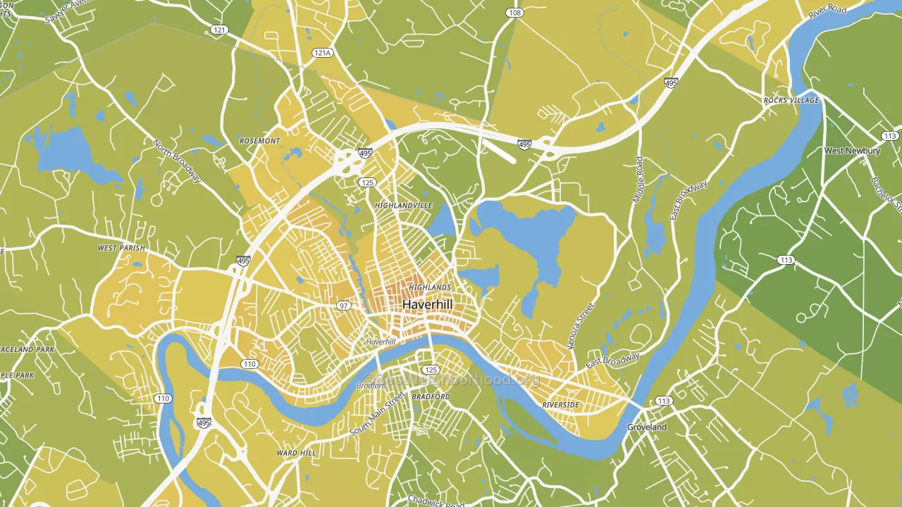 Map of the best neighborhoods in the 01830 area, with better matches in green and worse matches in red