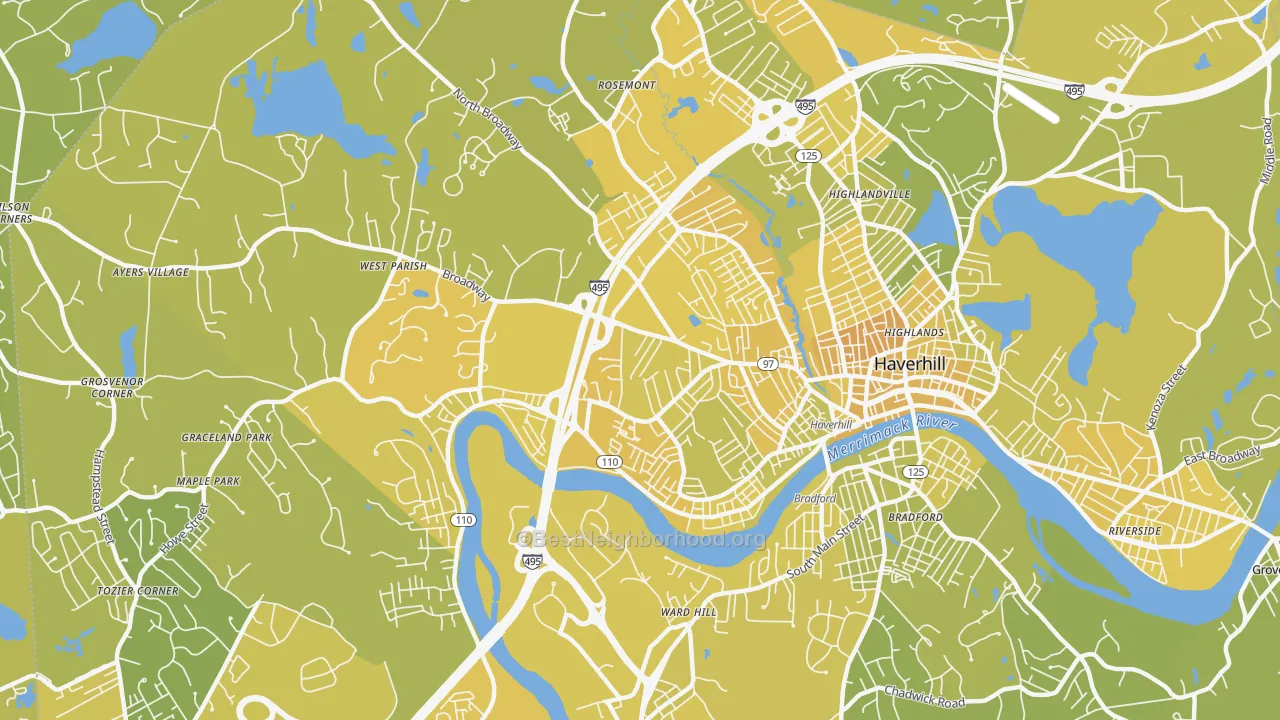 Map of the best neighborhoods in the 01832 area, with better matches in green and worse matches in red