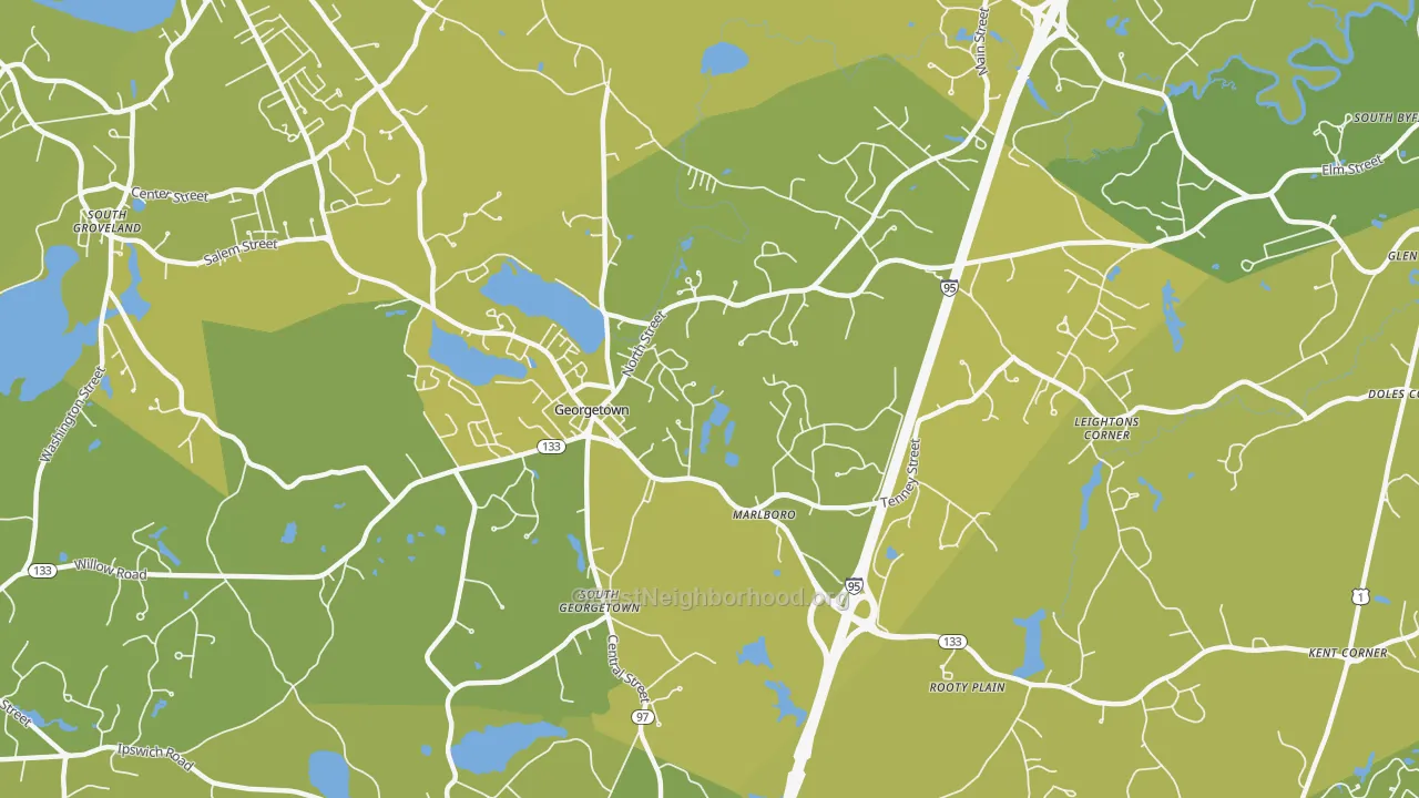 Map of the best neighborhoods in the 01833 area, with better matches in green and worse matches in red