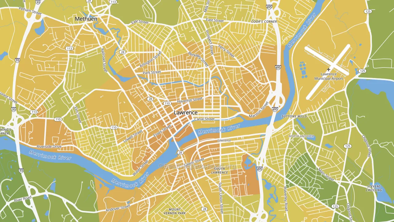 Map of the best neighborhoods in the 01840 area, with better matches in green and worse matches in red