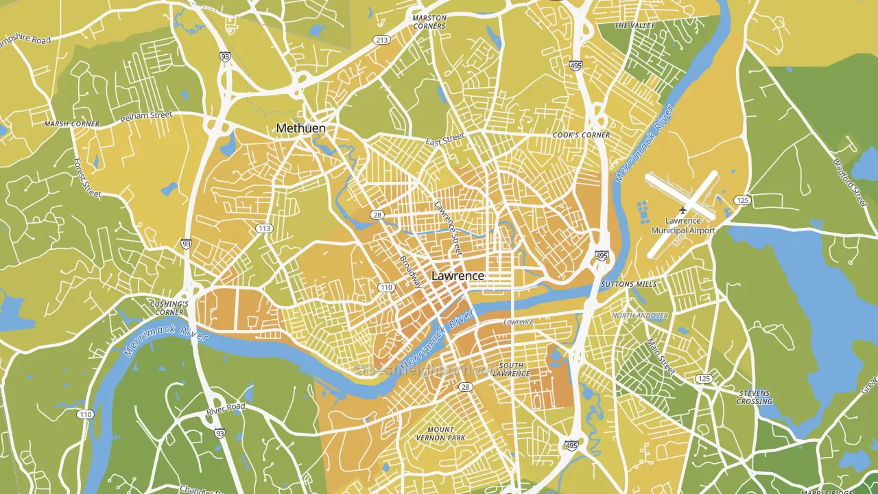 Map of the best neighborhoods in the 01841 area, with better matches in green and worse matches in red