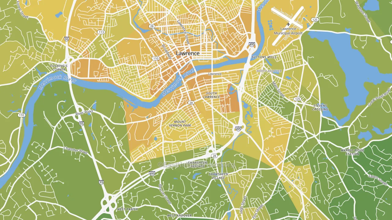 Map of the best neighborhoods in the 01843 area, with better matches in green and worse matches in red