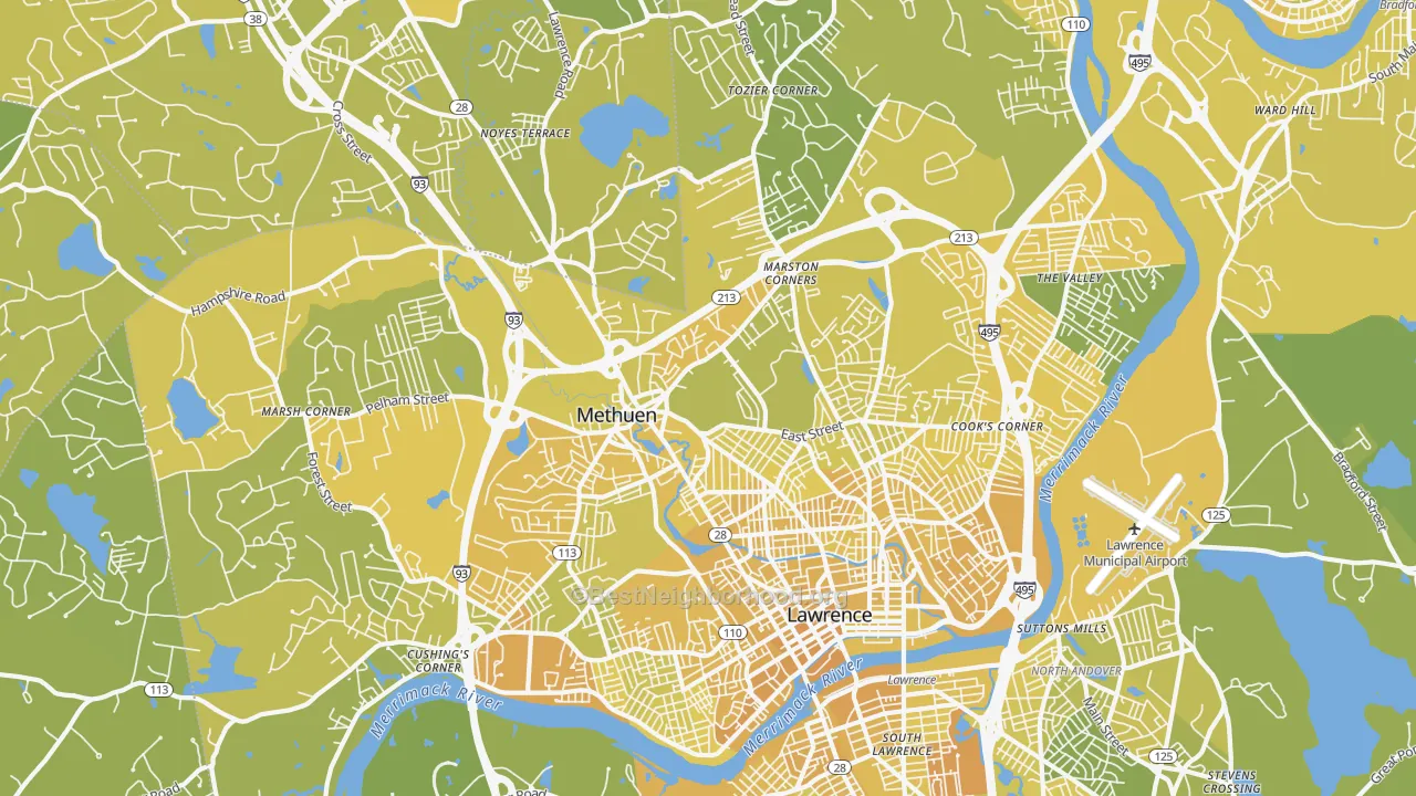 Map of the best neighborhoods in the 01844 area, with better matches in green and worse matches in red