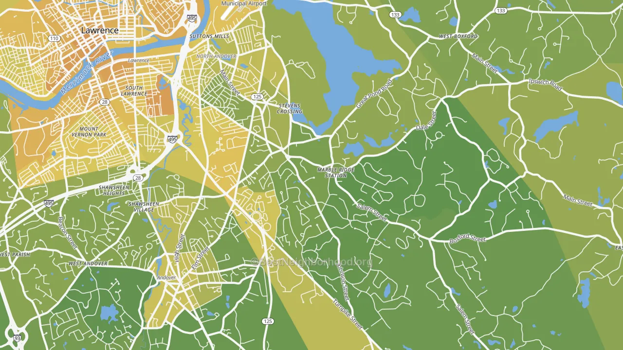 Map of the best neighborhoods in the 01845 area, with better matches in green and worse matches in red