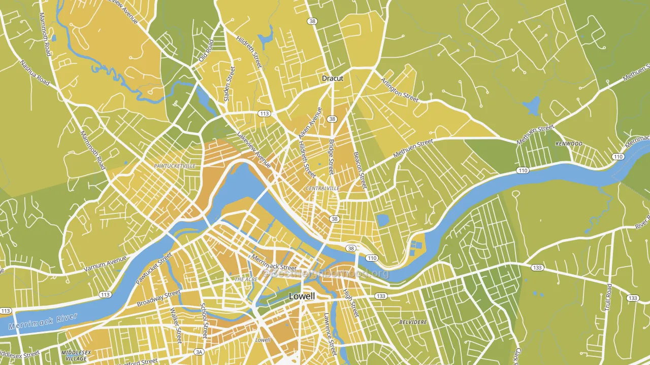 Map of the best neighborhoods in the 01850 area, with better matches in green and worse matches in red