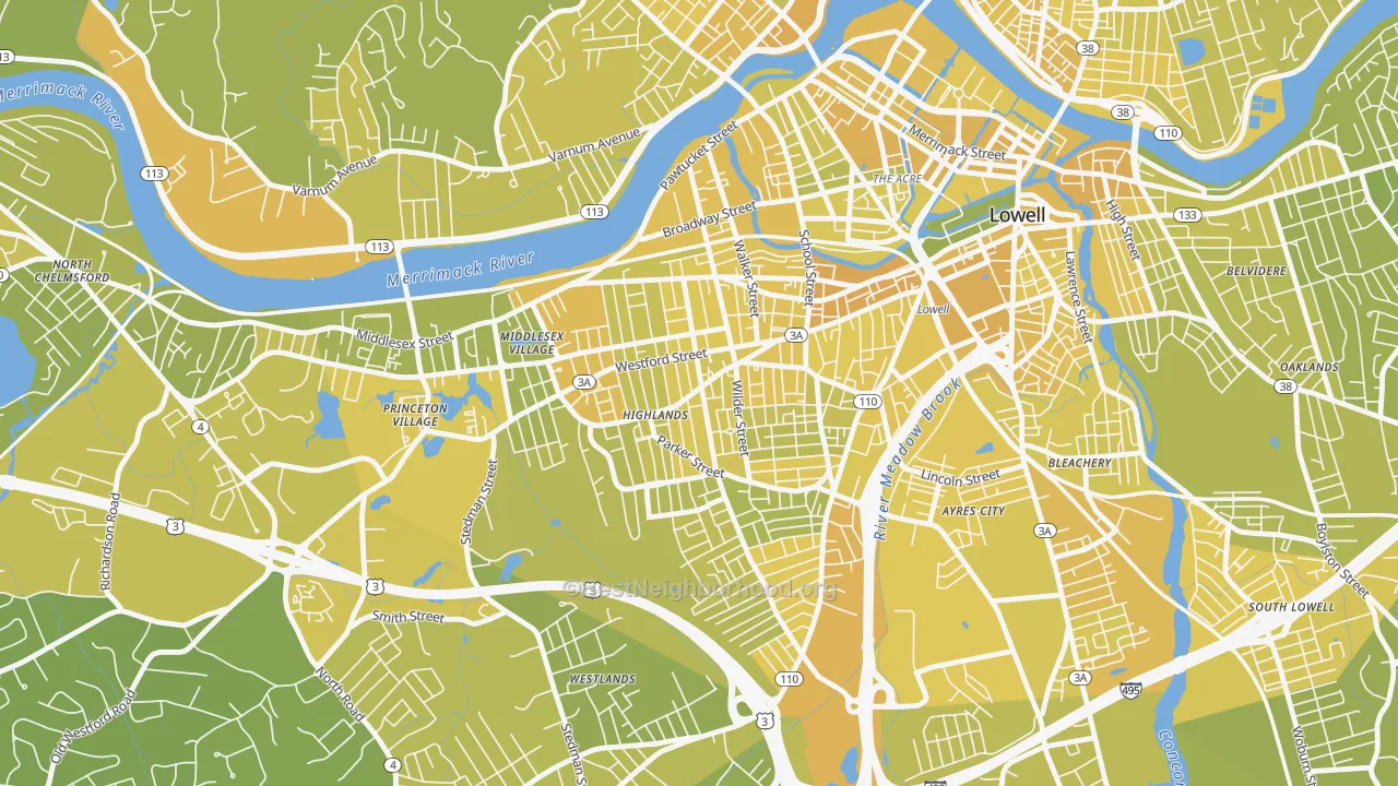 Map of the best neighborhoods in the 01851 area, with better matches in green and worse matches in red