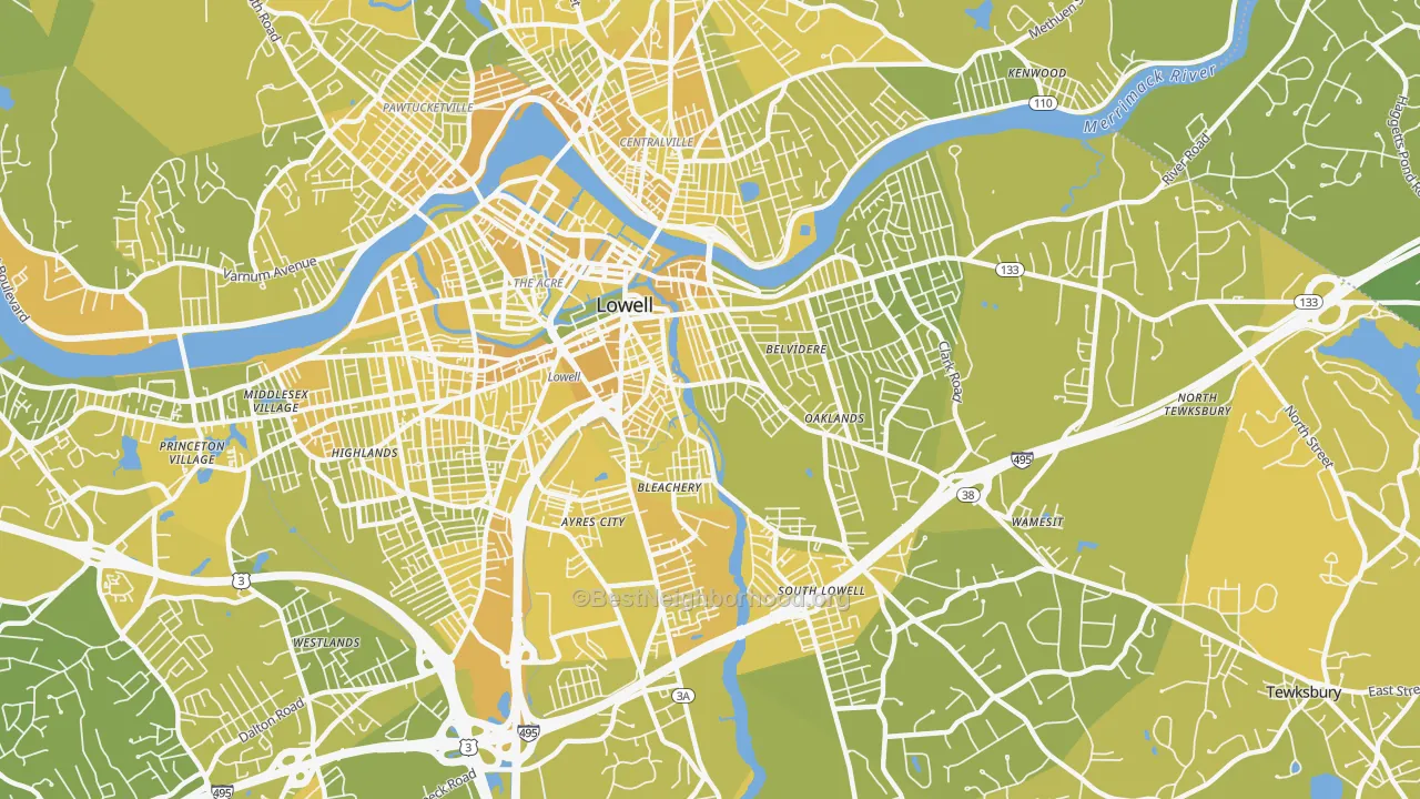 Map of the best neighborhoods in the 01852 area, with better matches in green and worse matches in red
