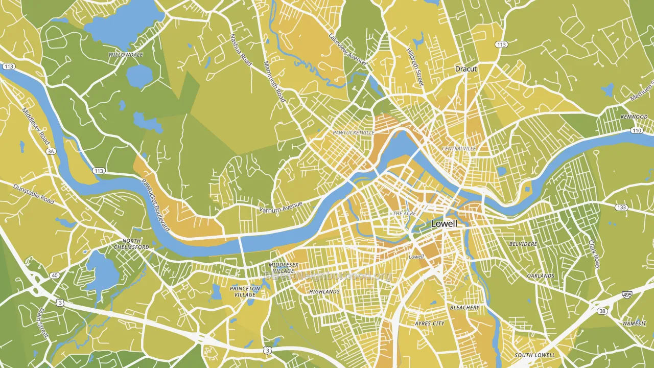 Map of the best neighborhoods in the 01854 area, with better matches in green and worse matches in red