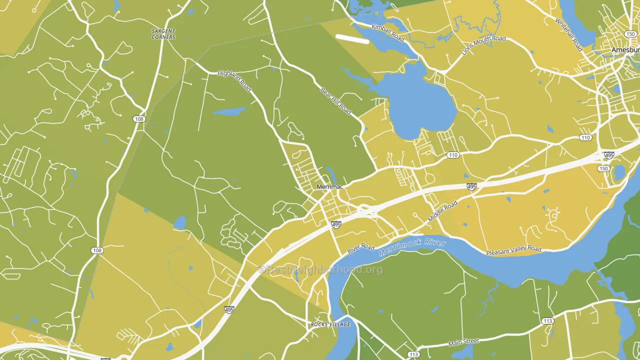 Map of the best neighborhoods in the 01860 area, with better matches in green and worse matches in red