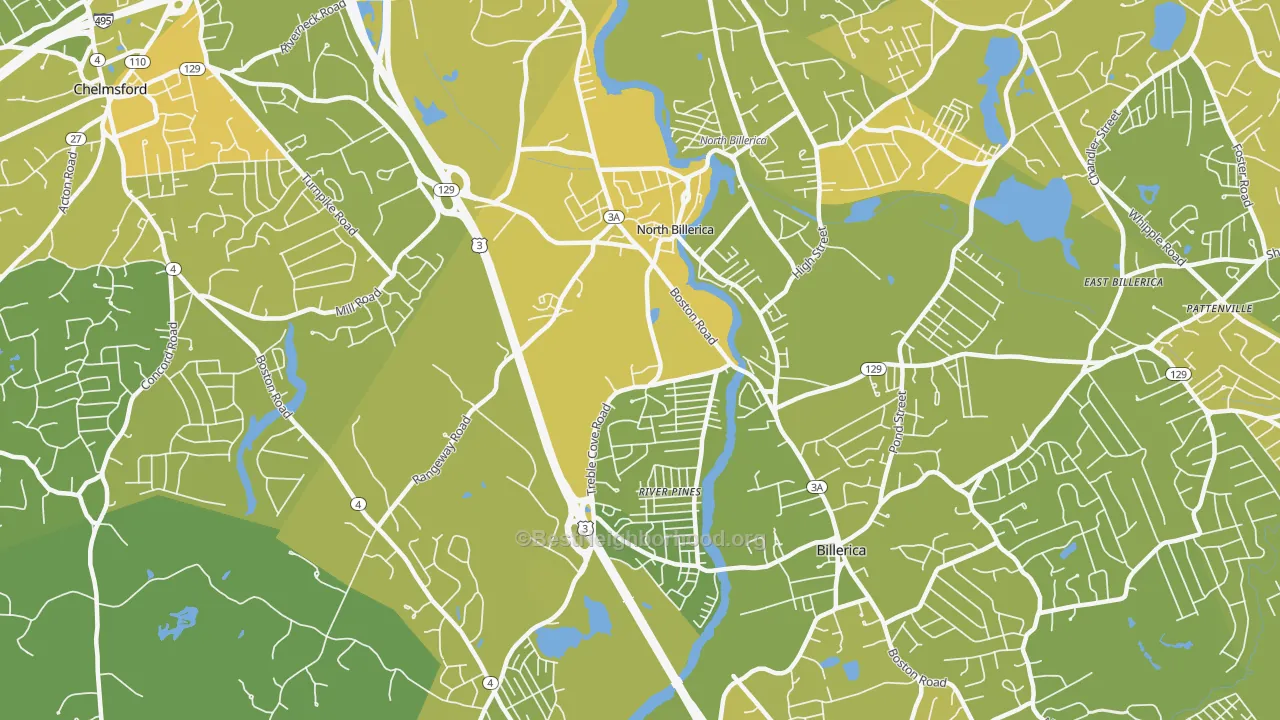 Map of the best neighborhoods in the 01862 area, with better matches in green and worse matches in red