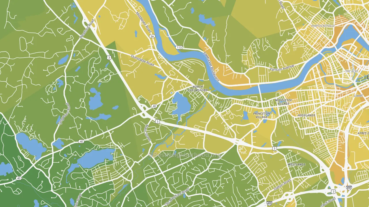 Map of the best neighborhoods in the 01863 area, with better matches in green and worse matches in red