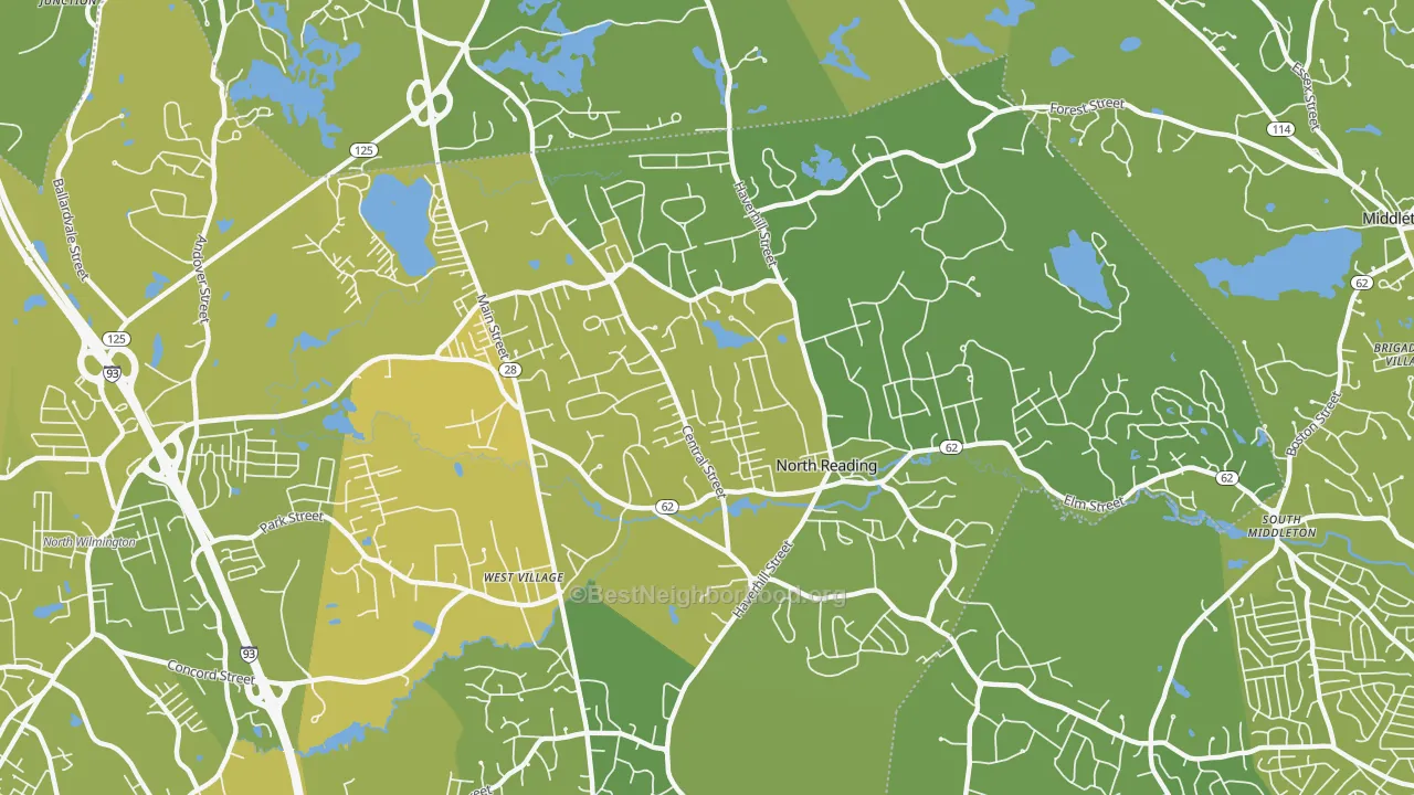 Map of the best neighborhoods in the 01864 area, with better matches in green and worse matches in red