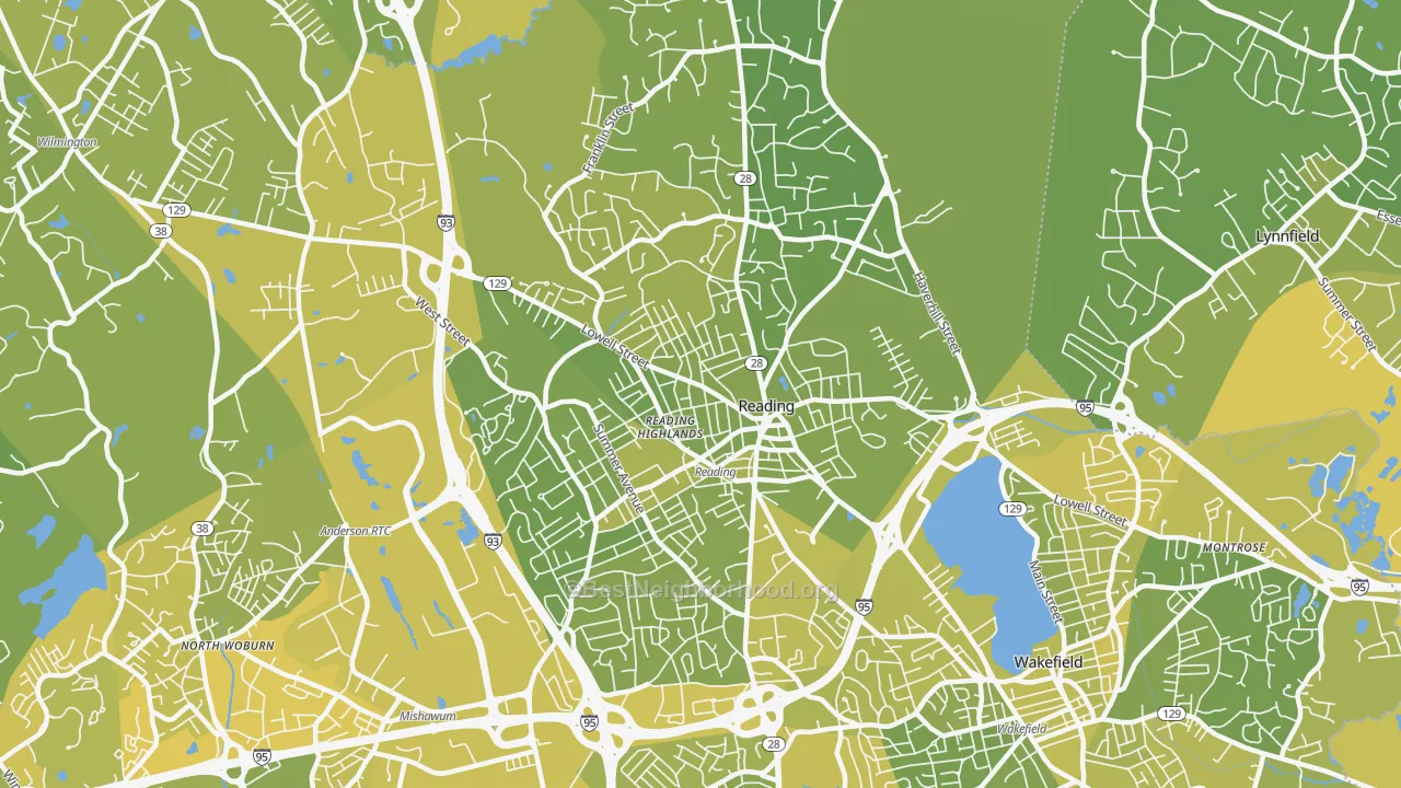 Map of the best neighborhoods in the 01867 area, with better matches in green and worse matches in red