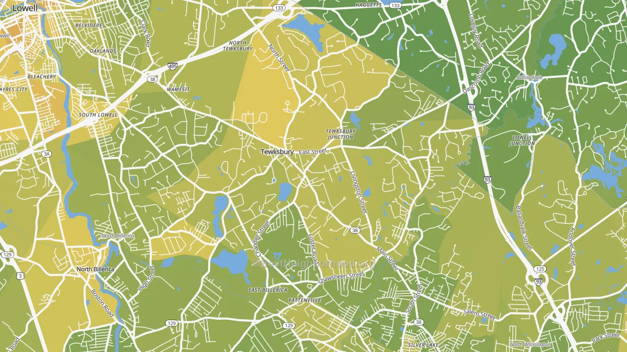 Map of the best neighborhoods in the 01876 area, with better matches in green and worse matches in red