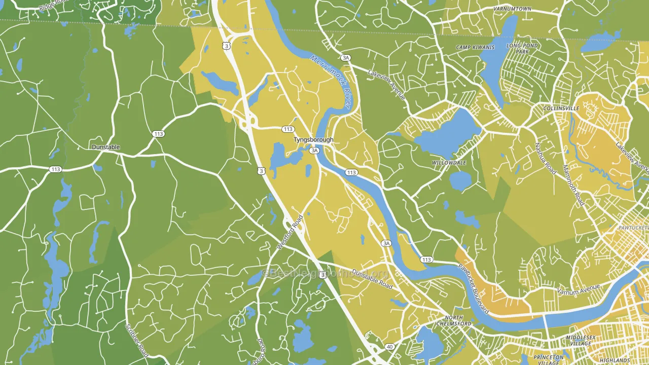 Map of the best neighborhoods in the 01879 area, with better matches in green and worse matches in red