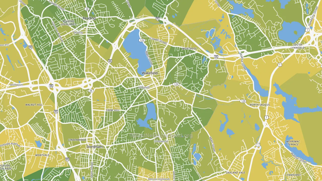 Map of the best neighborhoods in the 01880 area, with better matches in green and worse matches in red