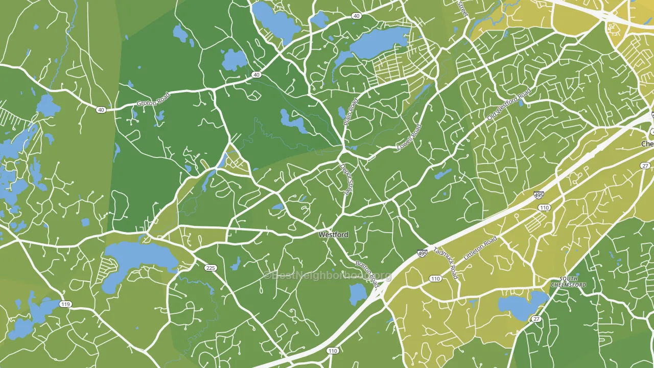 Map of the best neighborhoods in the 01886 area, with better matches in green and worse matches in red
