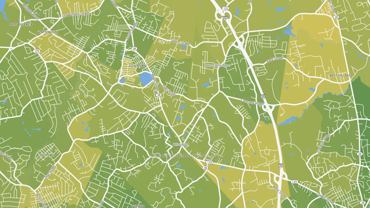 Map of the best neighborhoods in the 01887 area, with better matches in green and worse matches in red