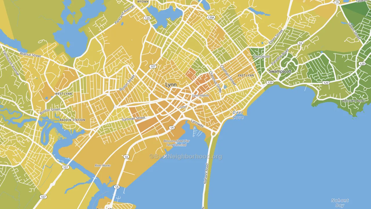 Map of the best neighborhoods in the 01901 area, with better matches in green and worse matches in red