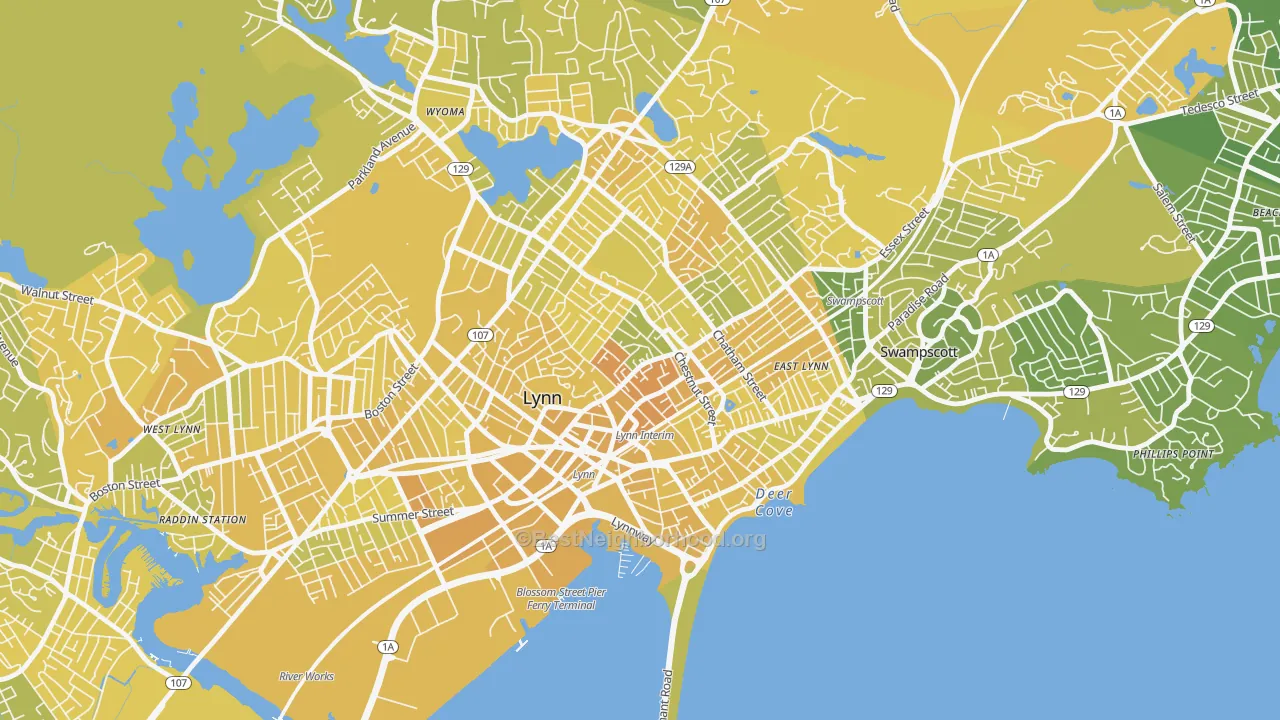 Map of the best neighborhoods in the 01902 area, with better matches in green and worse matches in red