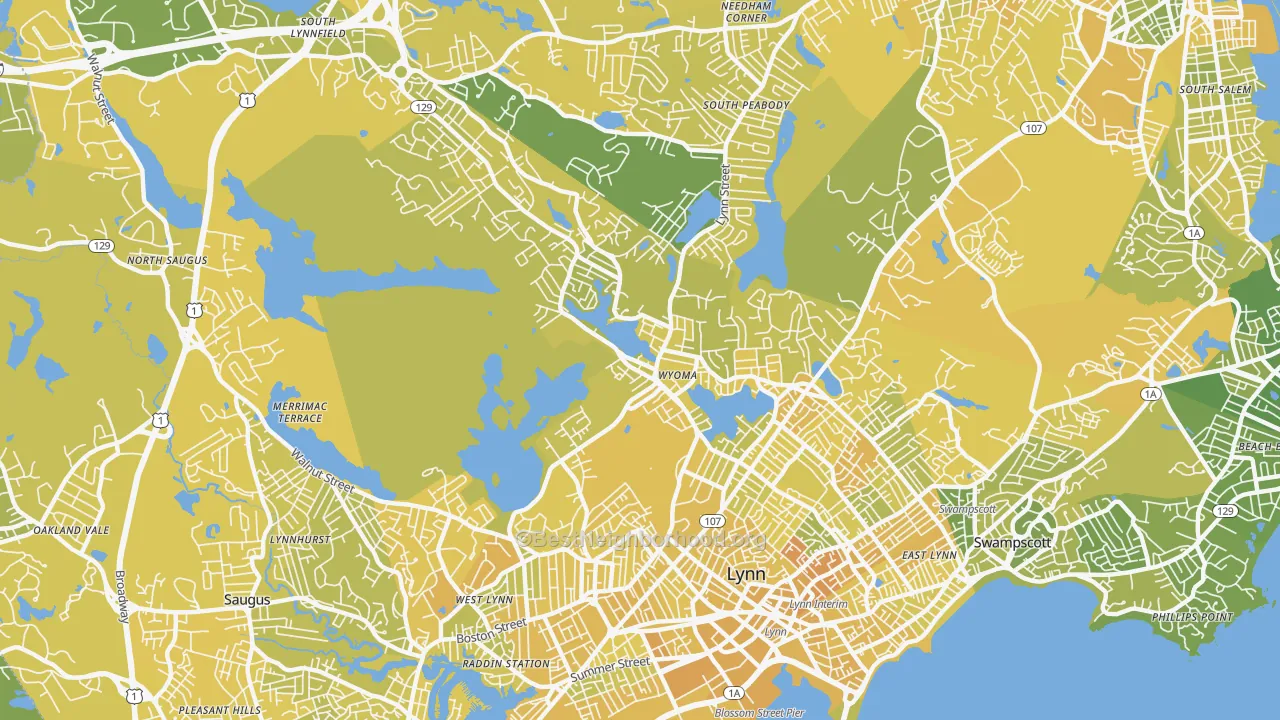 Map of the best neighborhoods in the 01904 area, with better matches in green and worse matches in red
