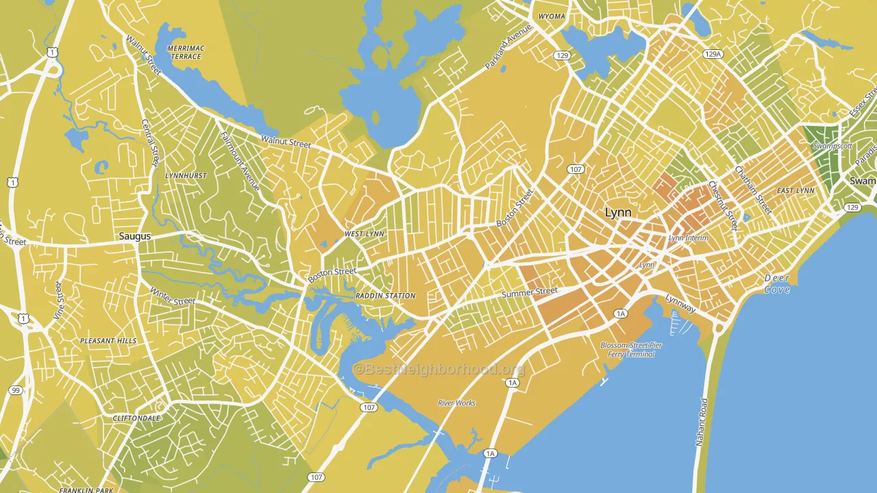 Map of the best neighborhoods in the 01905 area, with better matches in green and worse matches in red