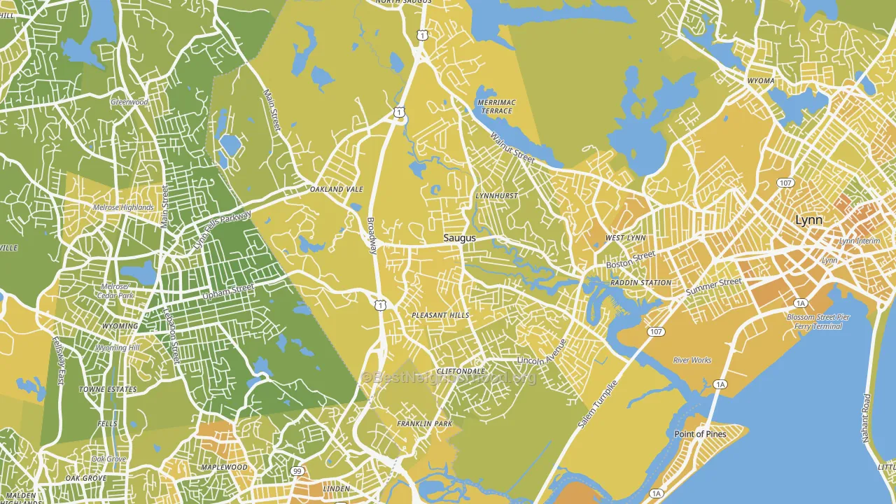 Map of the best neighborhoods in the 01906 area, with better matches in green and worse matches in red