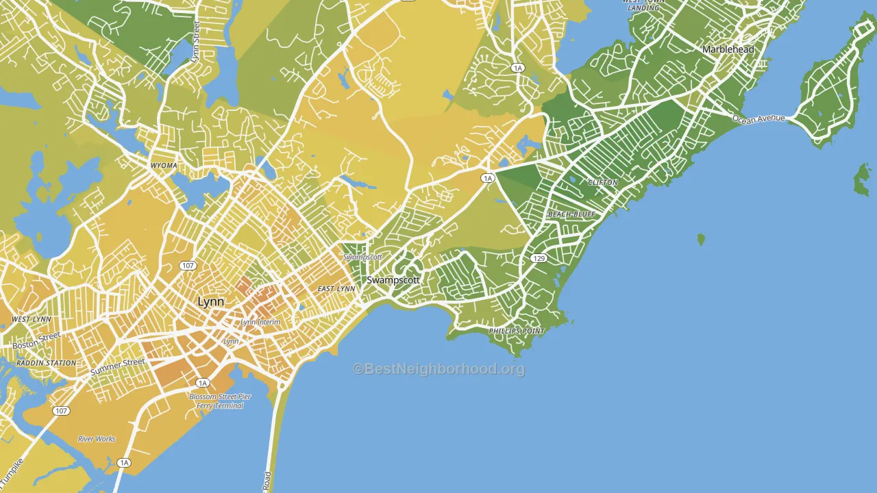 Map of the best neighborhoods in the 01907 area, with better matches in green and worse matches in red