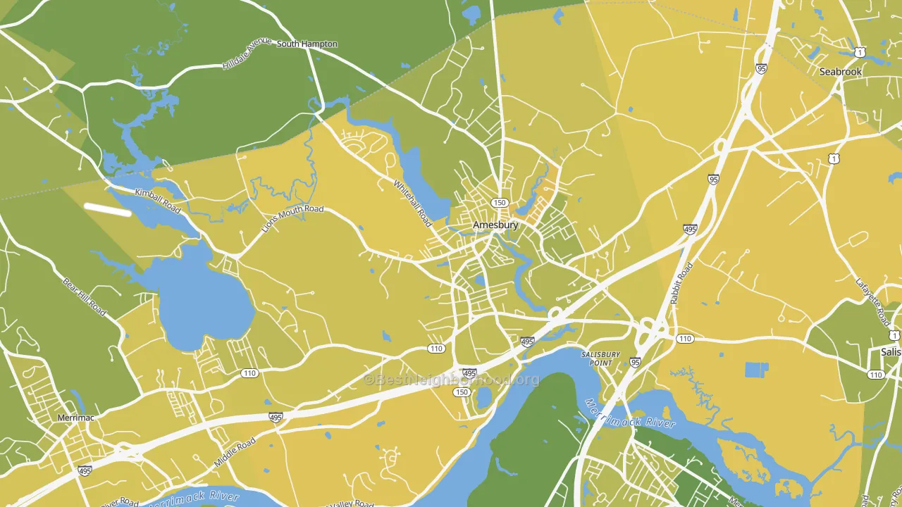 Map of the best neighborhoods in the 01913 area, with better matches in green and worse matches in red