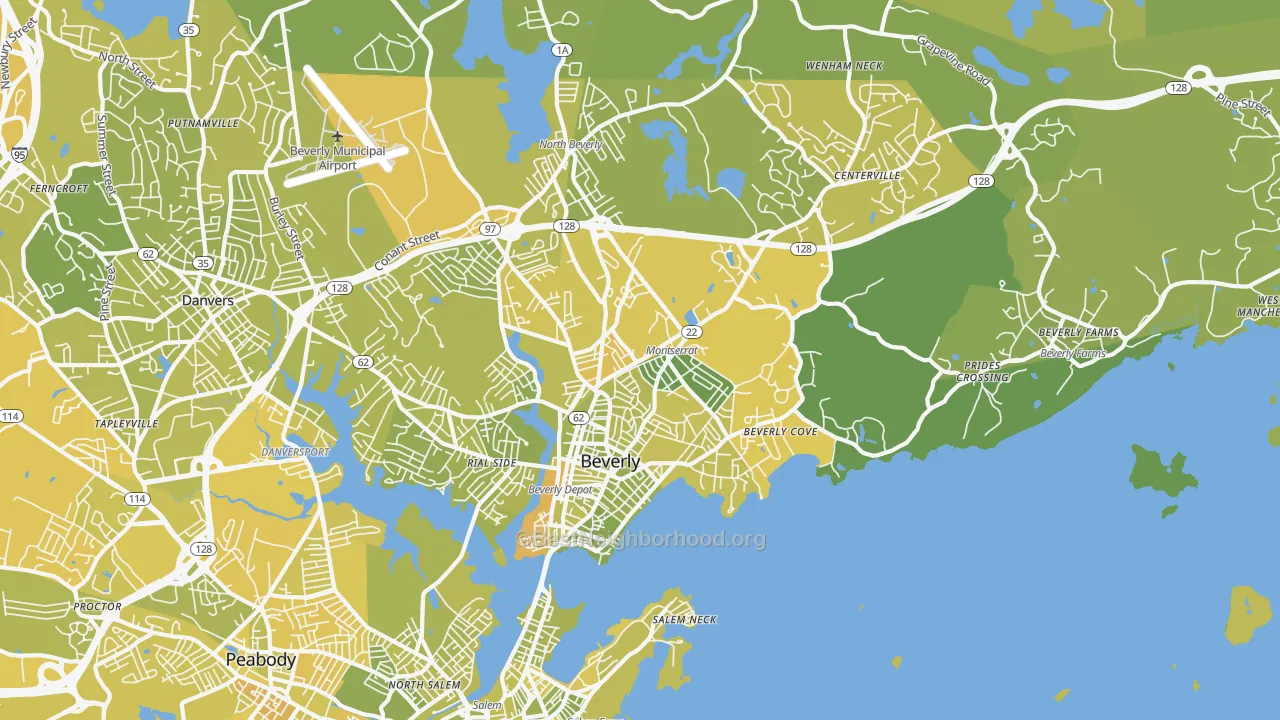 Map of the best neighborhoods in the 01915 area, with better matches in green and worse matches in red