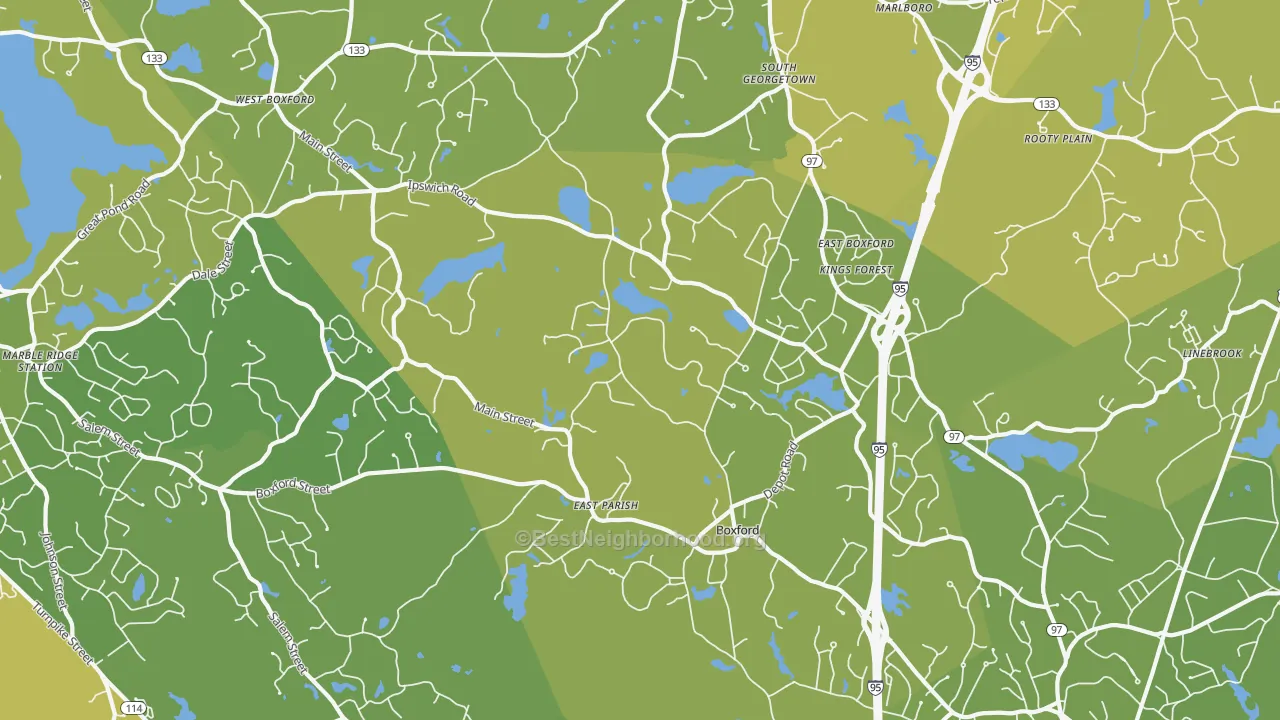 Map of the best neighborhoods in the 01921 area, with better matches in green and worse matches in red