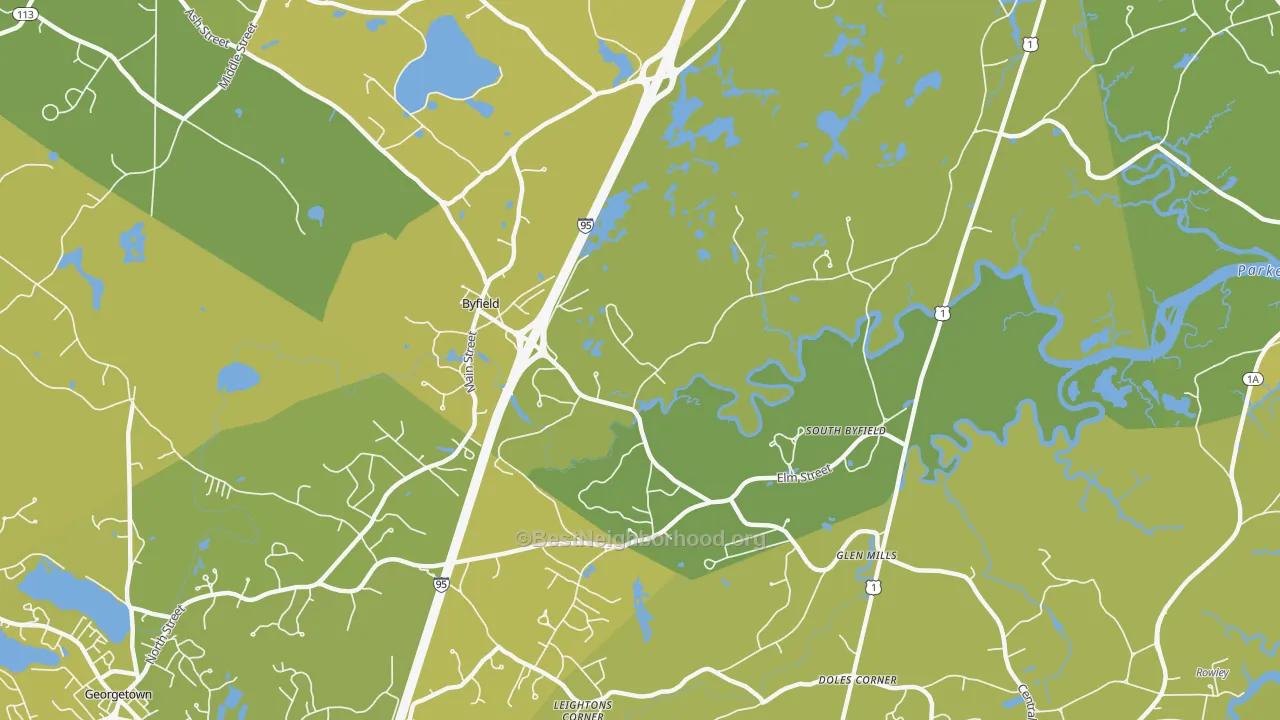 Map of the best neighborhoods in the 01922 area, with better matches in green and worse matches in red
