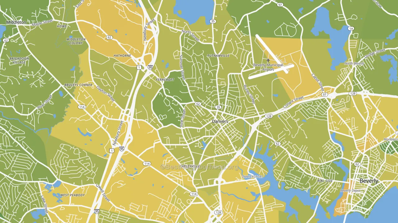 Map of the best neighborhoods in the 01923 area, with better matches in green and worse matches in red