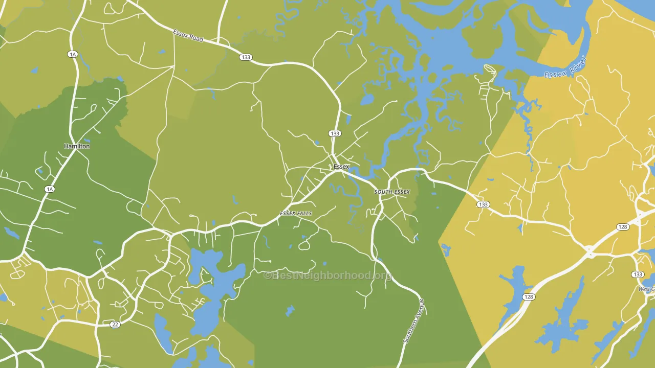 Map of the best neighborhoods in the 01929 area, with better matches in green and worse matches in red