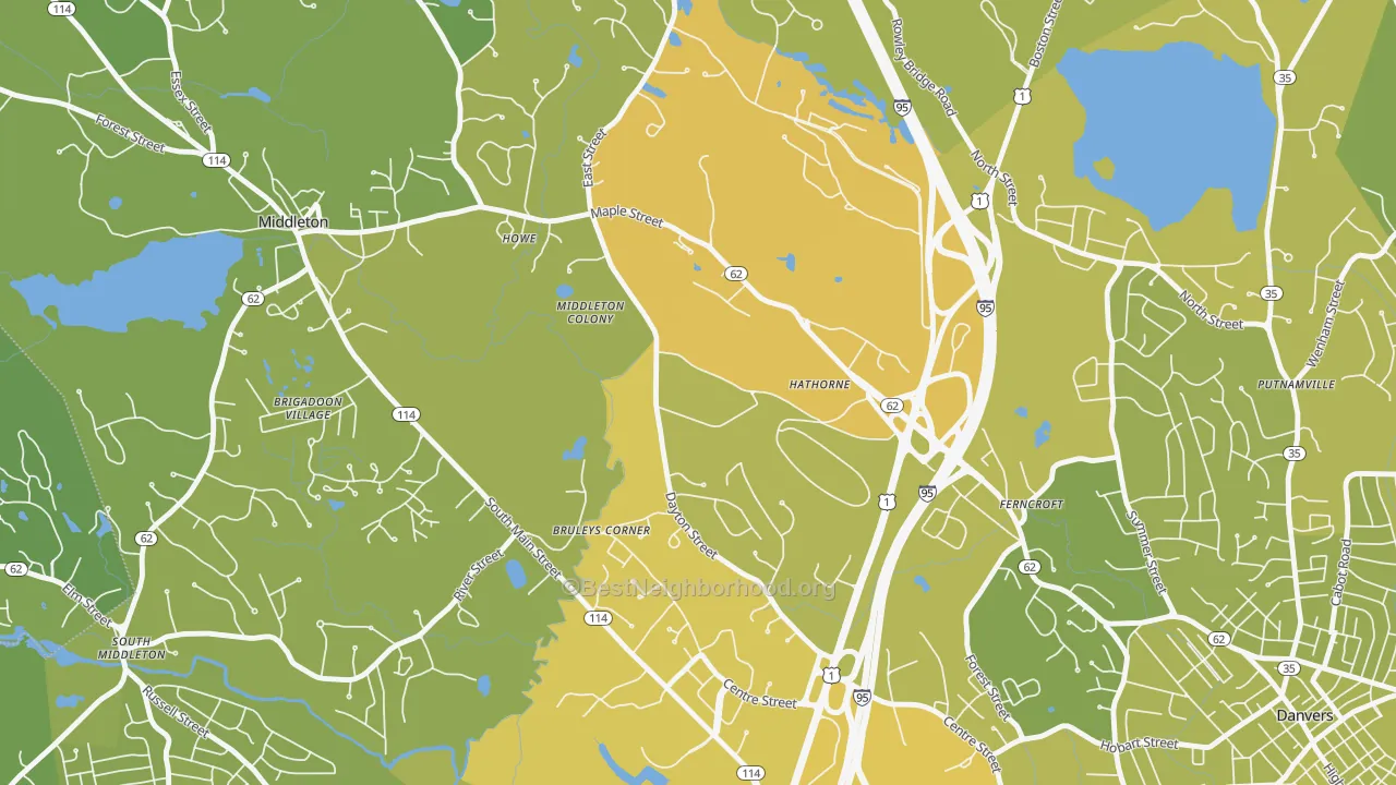 Map of the best neighborhoods in the 01937 area, with better matches in green and worse matches in red