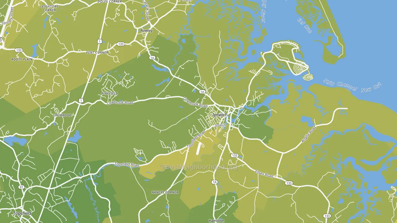 Map of the best neighborhoods in the 01938 area, with better matches in green and worse matches in red