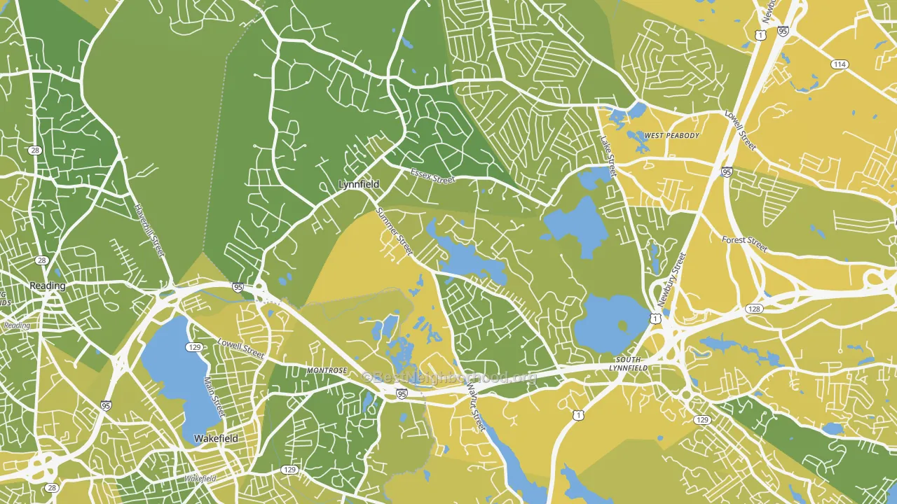 Map of the best neighborhoods in the 01940 area, with better matches in green and worse matches in red