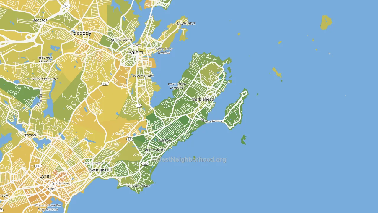 Map of the best neighborhoods in the 01945 area, with better matches in green and worse matches in red