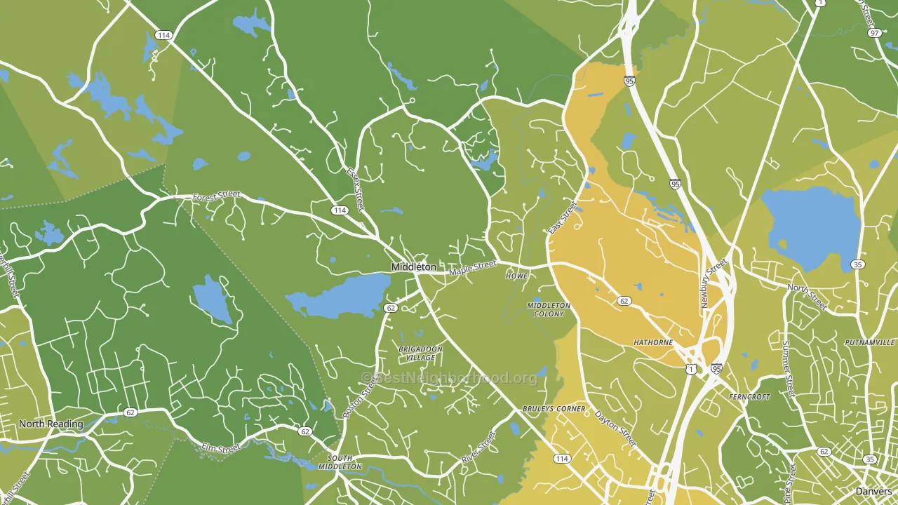 Map of the best neighborhoods in the 01949 area, with better matches in green and worse matches in red