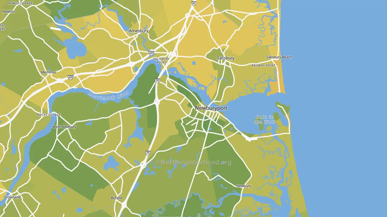 Map of the best neighborhoods in the 01950 area, with better matches in green and worse matches in red