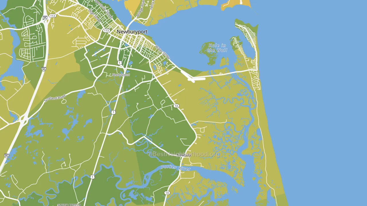 Map of the best neighborhoods in the 01951 area, with better matches in green and worse matches in red