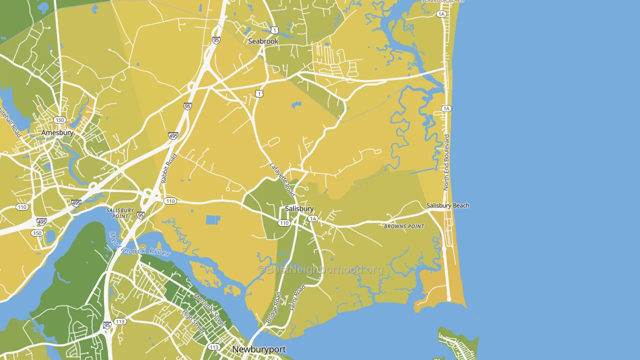 Map of the best neighborhoods in the 01952 area, with better matches in green and worse matches in red