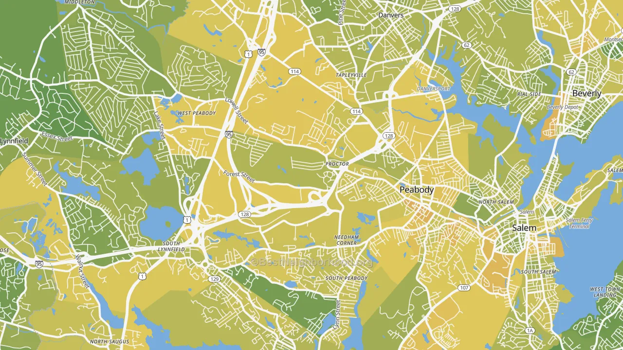 Map of the best neighborhoods in the 01960 area, with better matches in green and worse matches in red