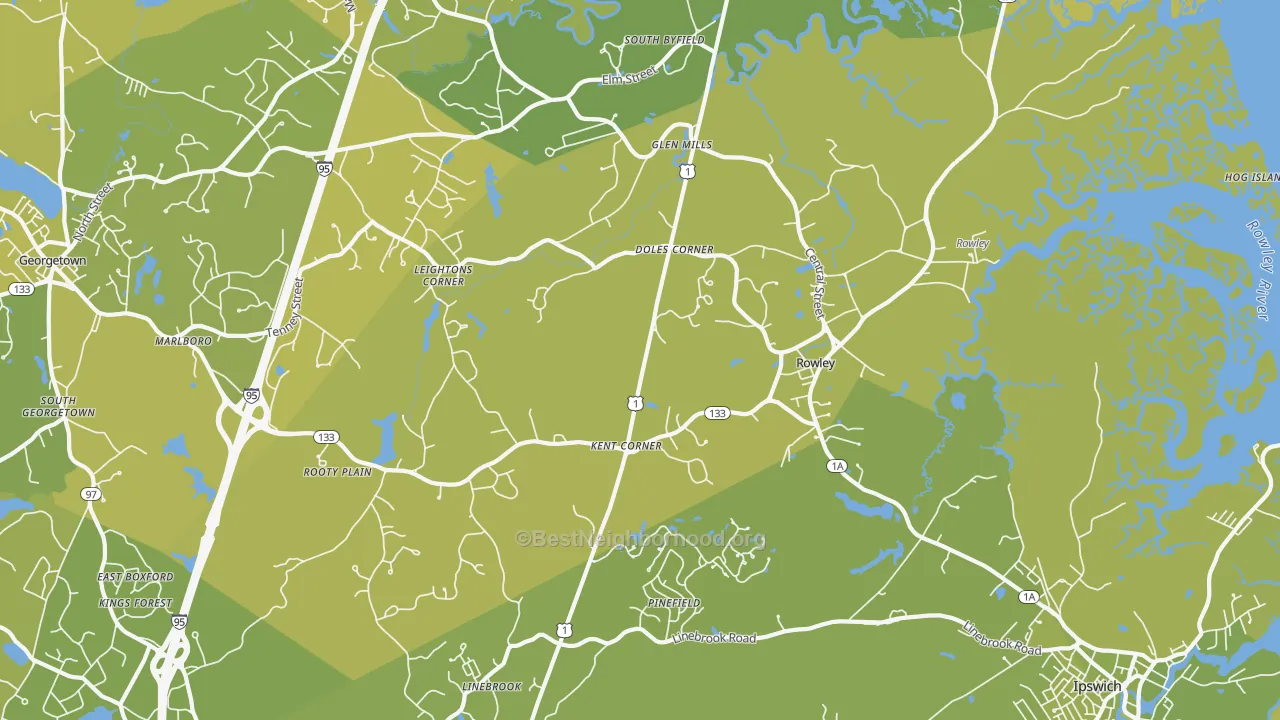 Map of the best neighborhoods in the 01969 area, with better matches in green and worse matches in red