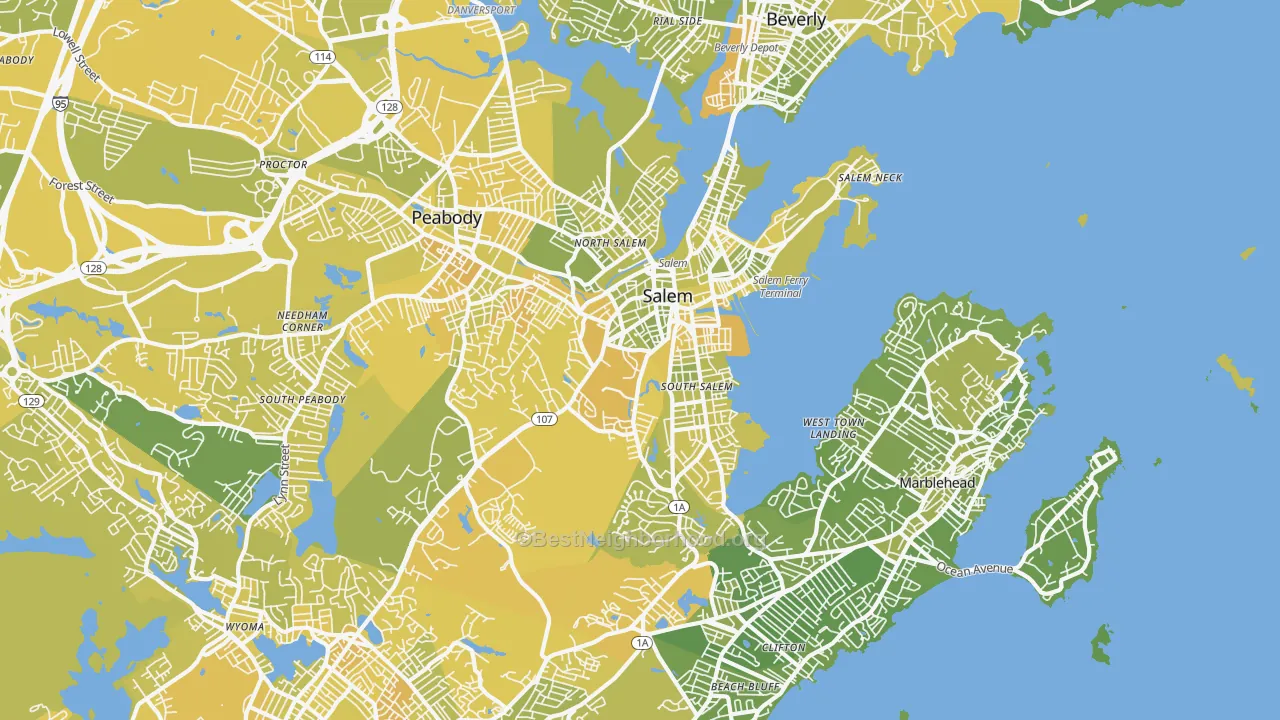 Map of the best neighborhoods in the 01970 area, with better matches in green and worse matches in red