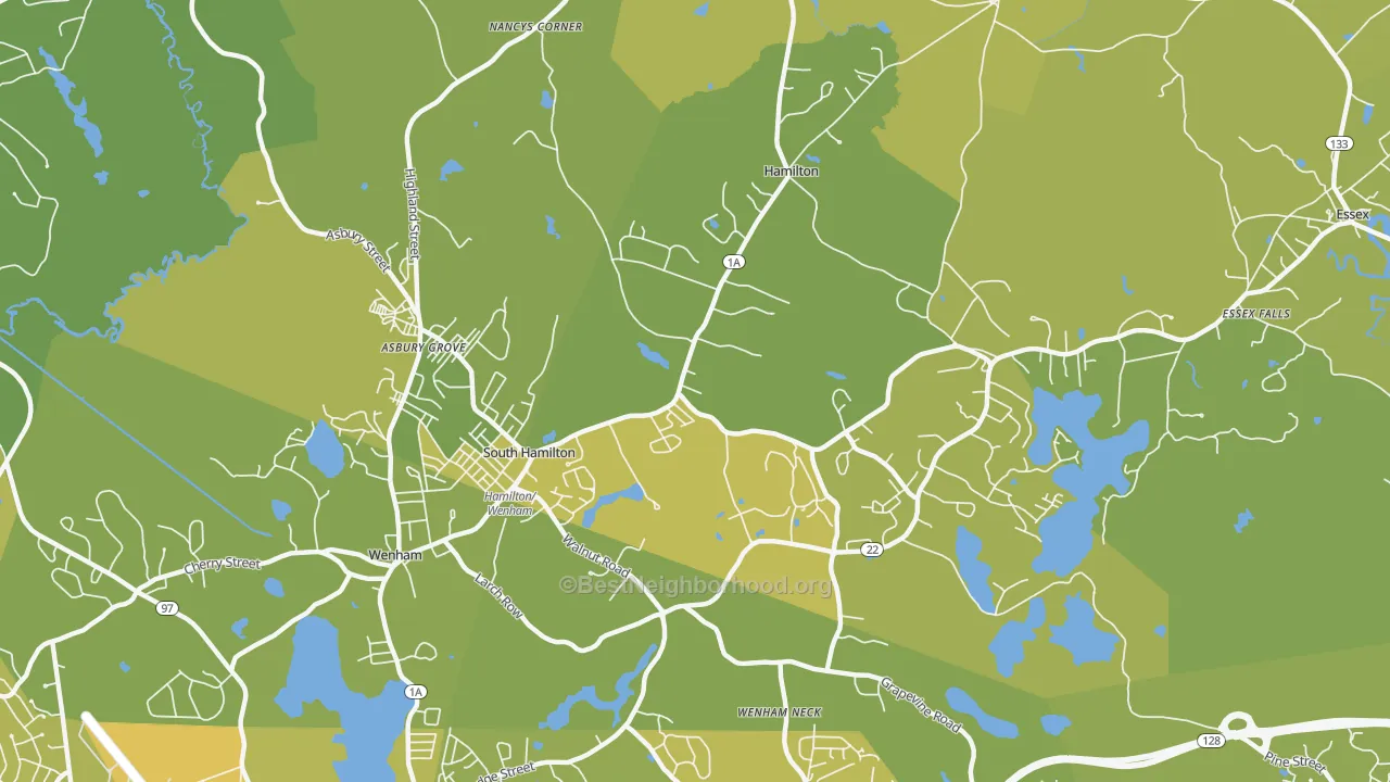 Map of the best neighborhoods in the 01982 area, with better matches in green and worse matches in red