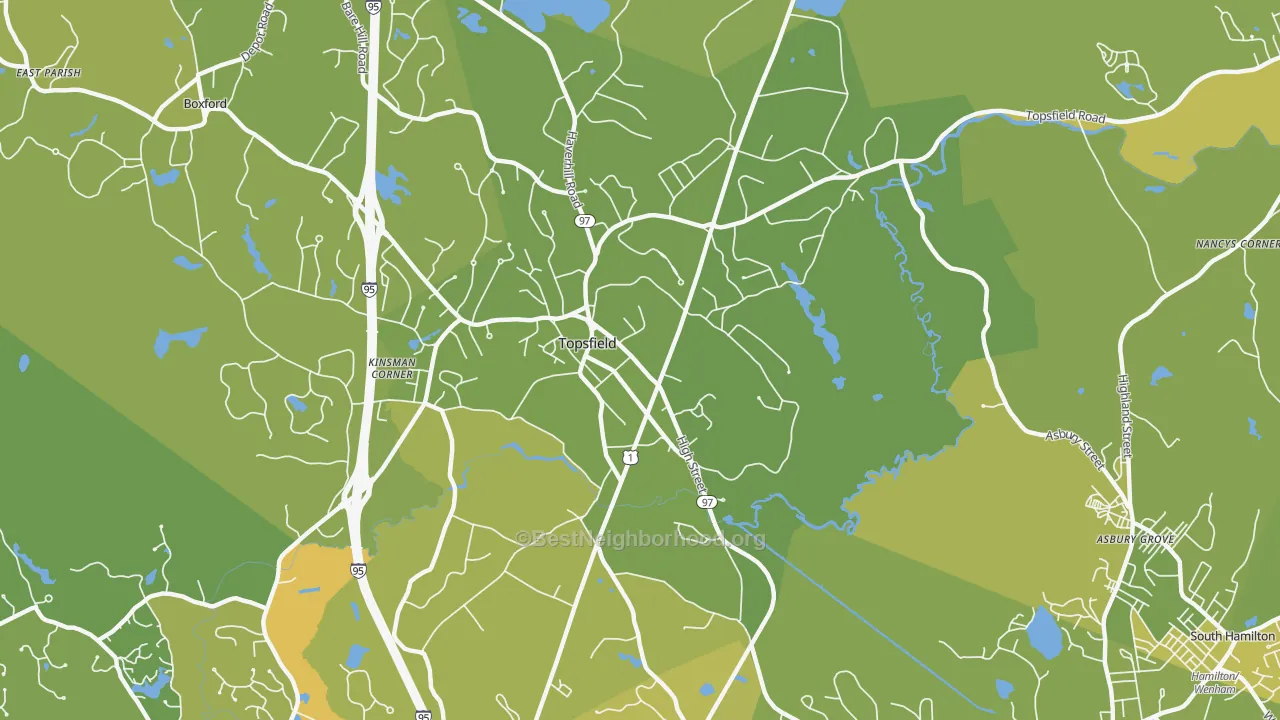 Map of the best neighborhoods in the 01983 area, with better matches in green and worse matches in red