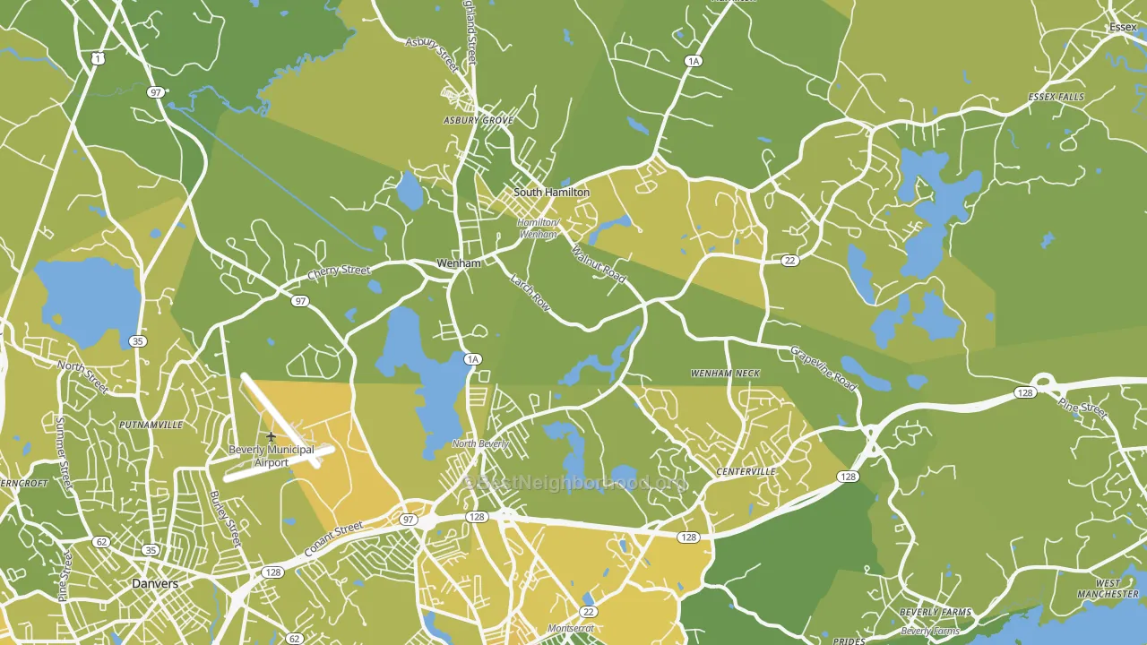 Map of the best neighborhoods in the 01984 area, with better matches in green and worse matches in red