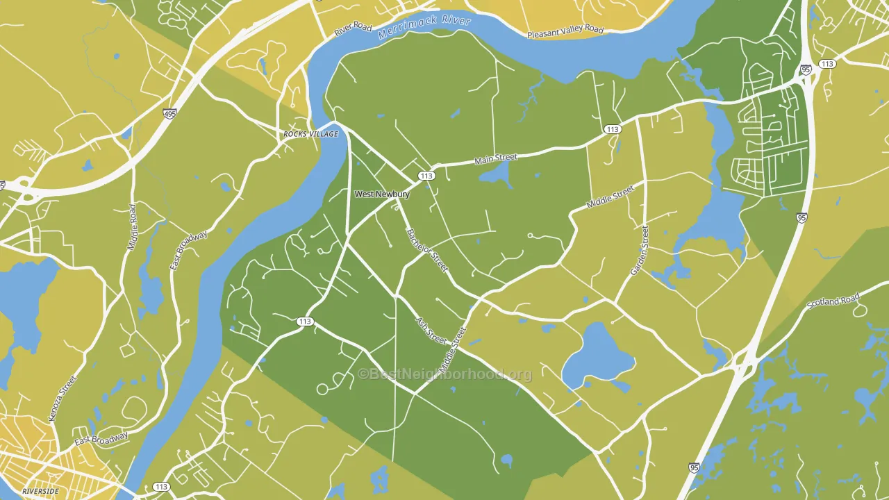 Map of the best neighborhoods in the 01985 area, with better matches in green and worse matches in red